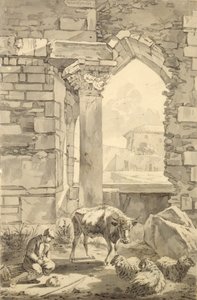 Hyrde med en ko og får i en ruin, 1693 (pen og gråt blæk og blyant på papir)